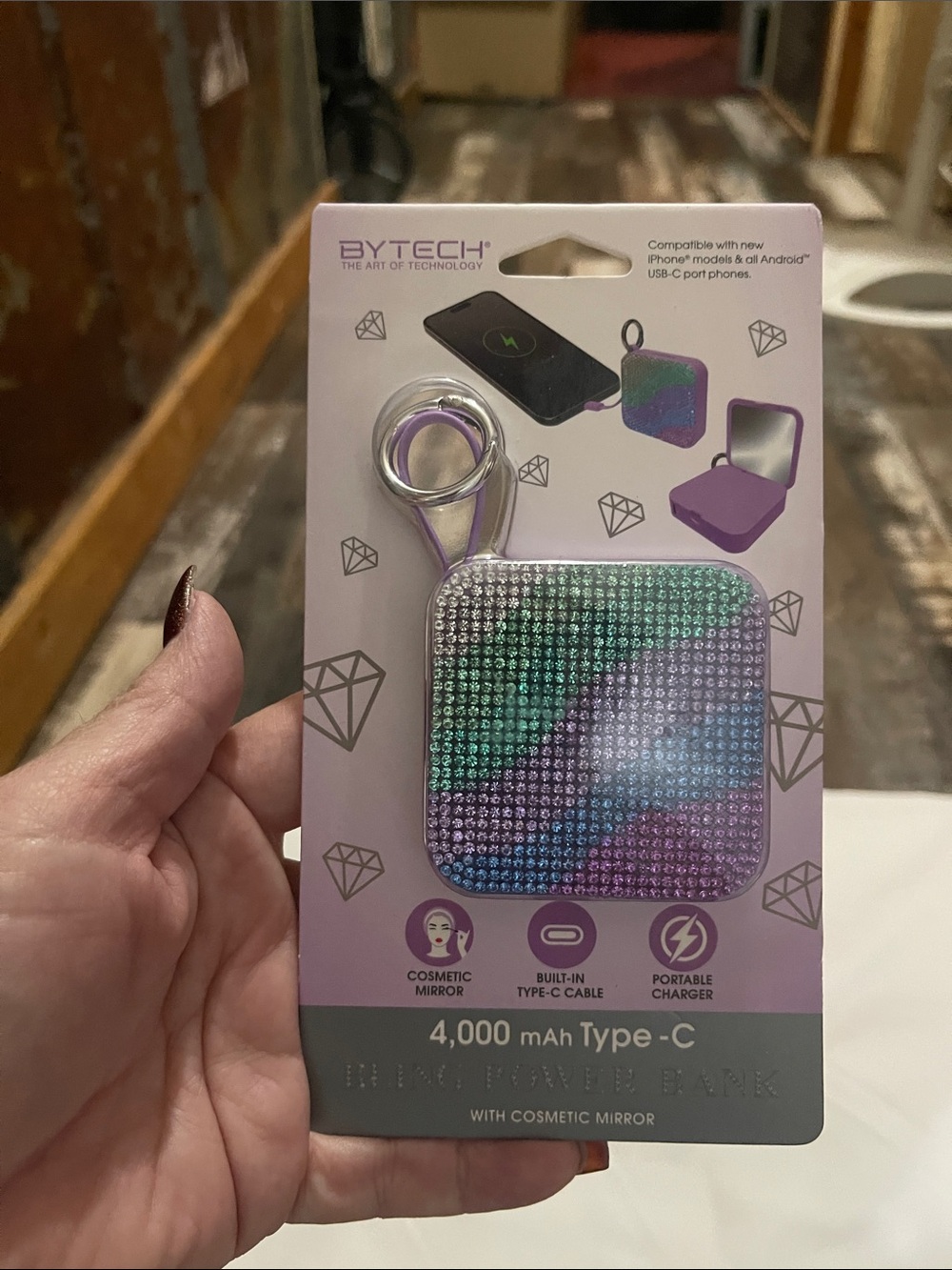 BYTECH 4,000 mAh Type-C Portable Charger with Cosmetic Mirror - Purple & Green